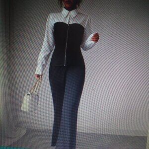 sleek blk an white zip up blouse an pant set